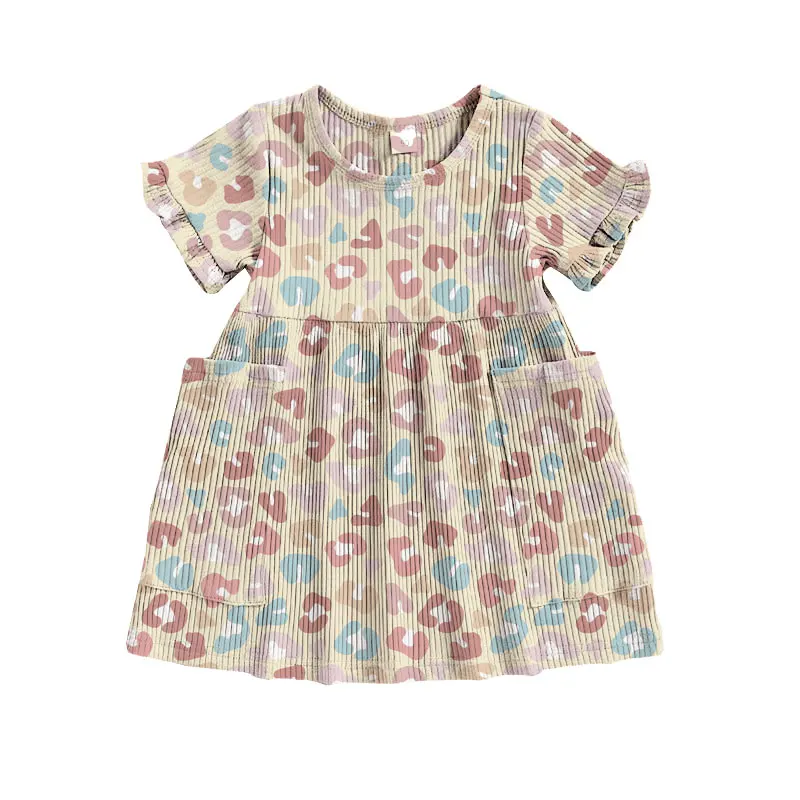 Hot sale girl clothing rib knit fabric girl dress with big pockets sweet fashion style
