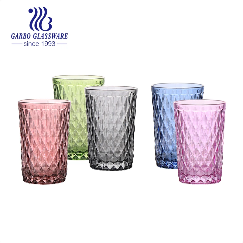 diamond design glass tumbler juice glass cup water drinking cup 6pcs set 12oz volume colored glassware glass cup