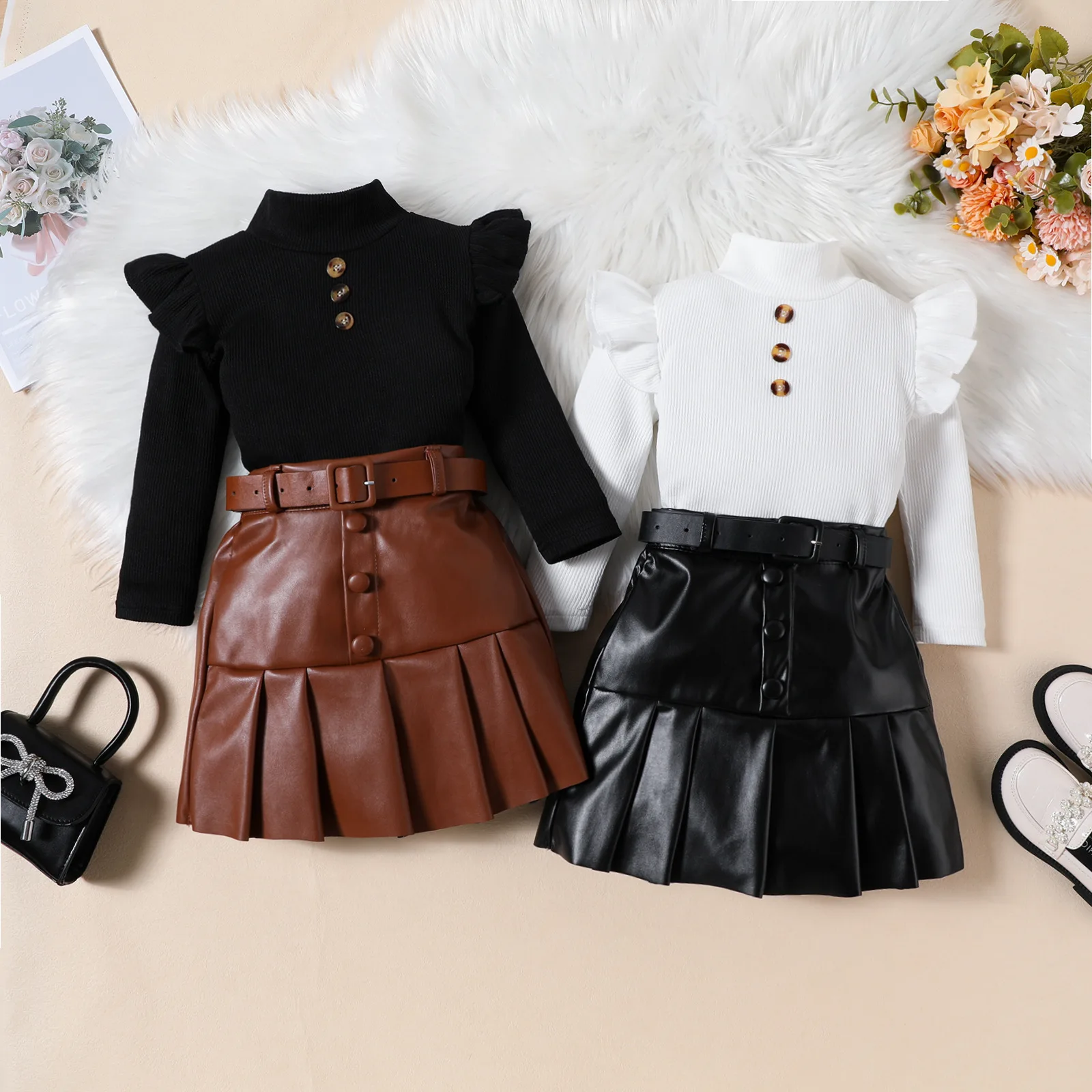 2024 Spring Autumn Girls Clothing Solid Color High Neck Long Sleeve Top PU Leather Pleated Skirt Belt 3Pcs Children Clothes