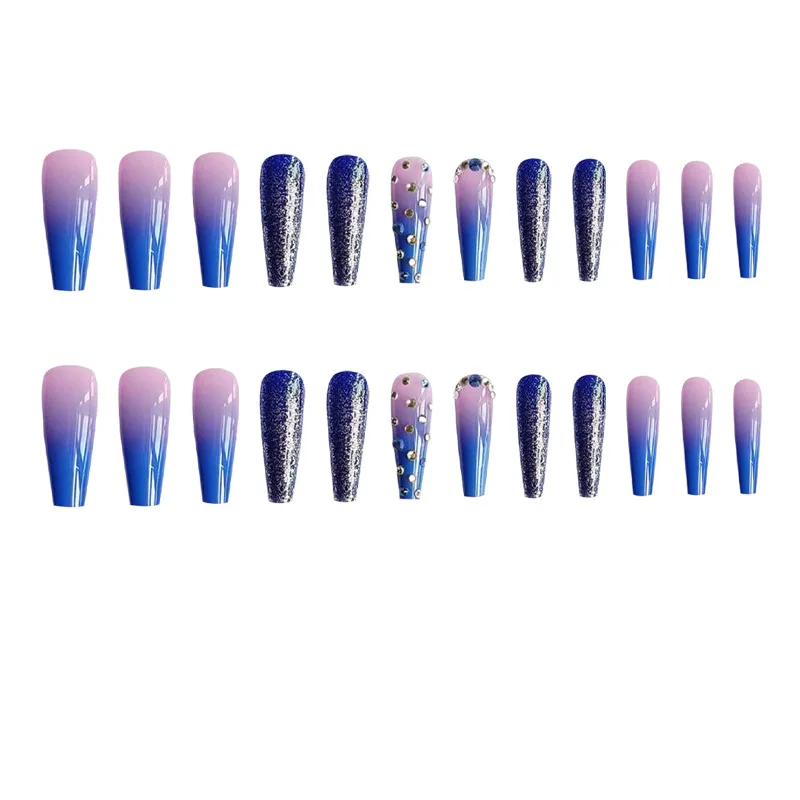 Coffin Press on Nails Long Gradient Blue Fake Nails Acrylic Glitter Diamond False Nails with Designs Blue Ballerina Glue on Tips