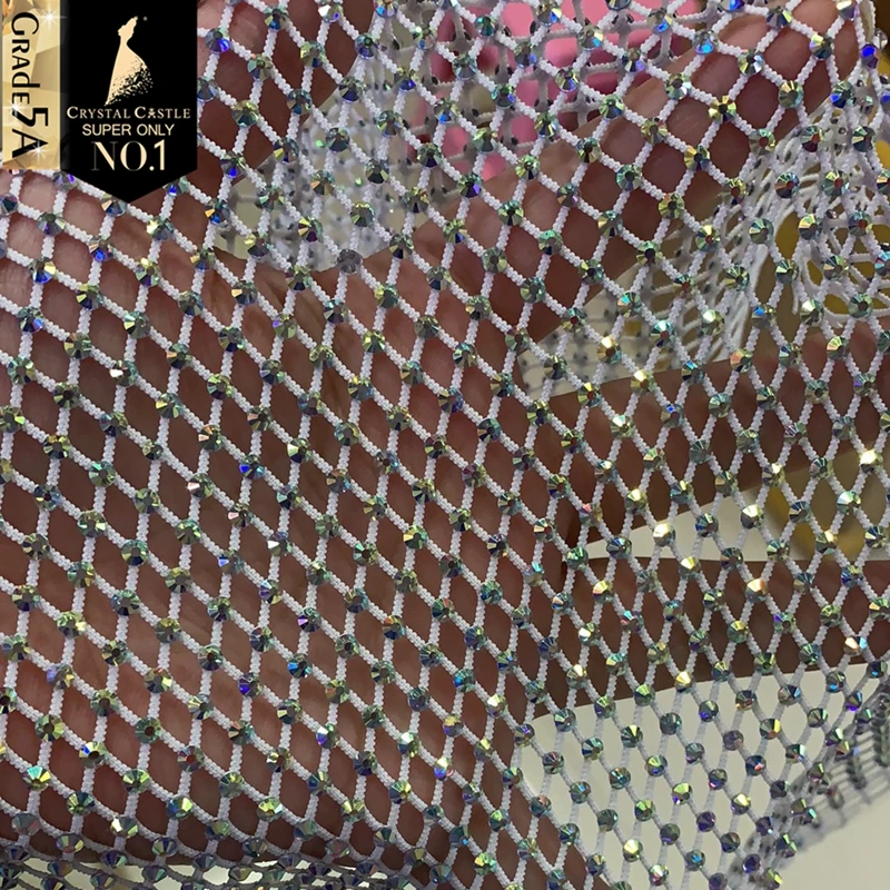 30*120cm SS10 SS16 Shiny White Crystal Glass Rhinestone Mesh Fabric Sewing Crystal Trim Flatback Rhinestone Net