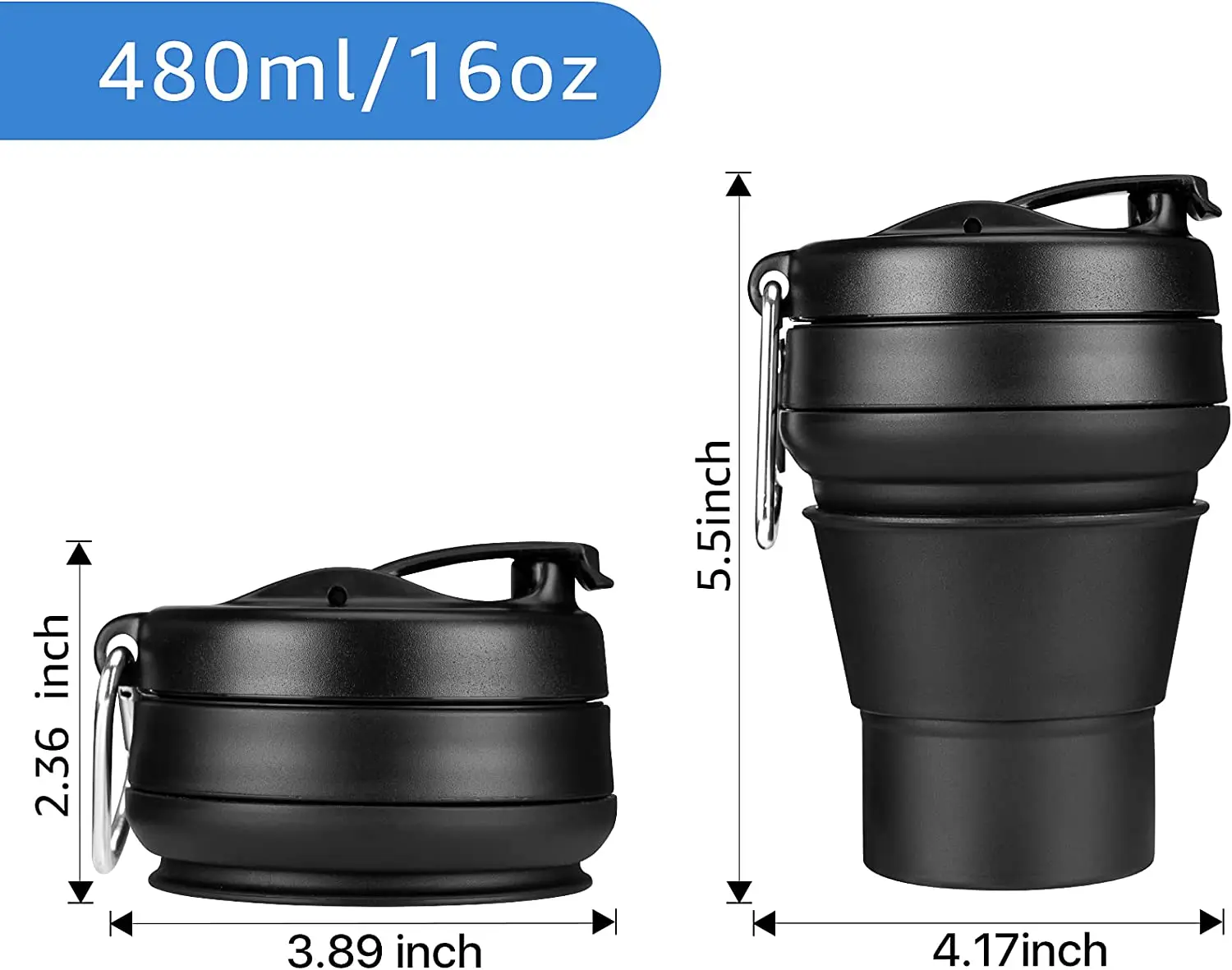 Collapsible Coffee Cup 16 OZ 480ml Silicone Folding Camping Cup Leak Proof BPA Free Portable Cup Travel Mug with Lids for Hiking