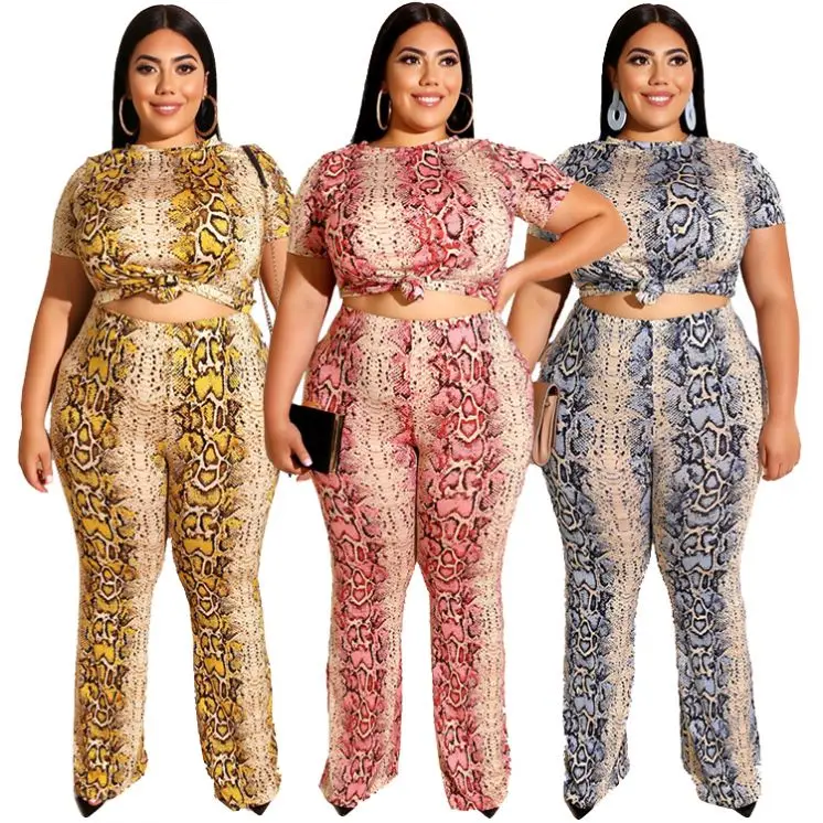 
2020 Snakeskin Crop Top High Waist Pants Plus Size Two Piece Set Fat Women Clothing womens plus size clothing 
