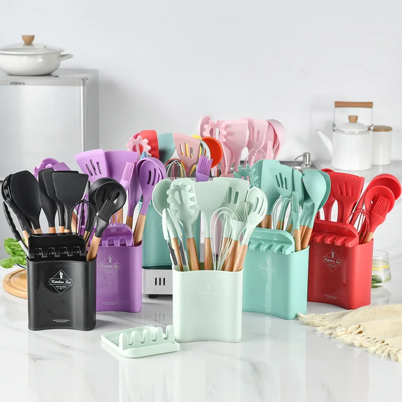 Mixed Multicolor Silicon Cooking Skimmer Stainless Steel Wood Tools Pink Camping 12 Pcs Silicone Kitchen Utensil Set