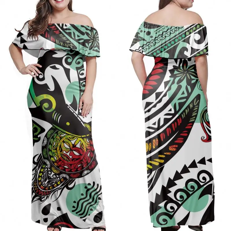 Urban Island Tribe Style Suit Polynesian Tattoo (white) Print Ruffle Off-shoulder Premium Soft Stretch Bodycon Maternity Dress