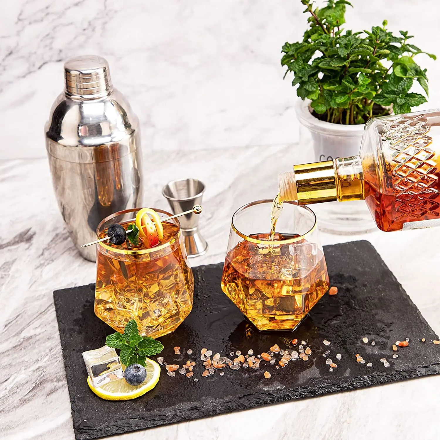 Gold Diamond Shaped Plastic Stemless Wine Glasses Disposable 12 Oz Clear Plastic Whiskey Glasses for Birthday, Weddings