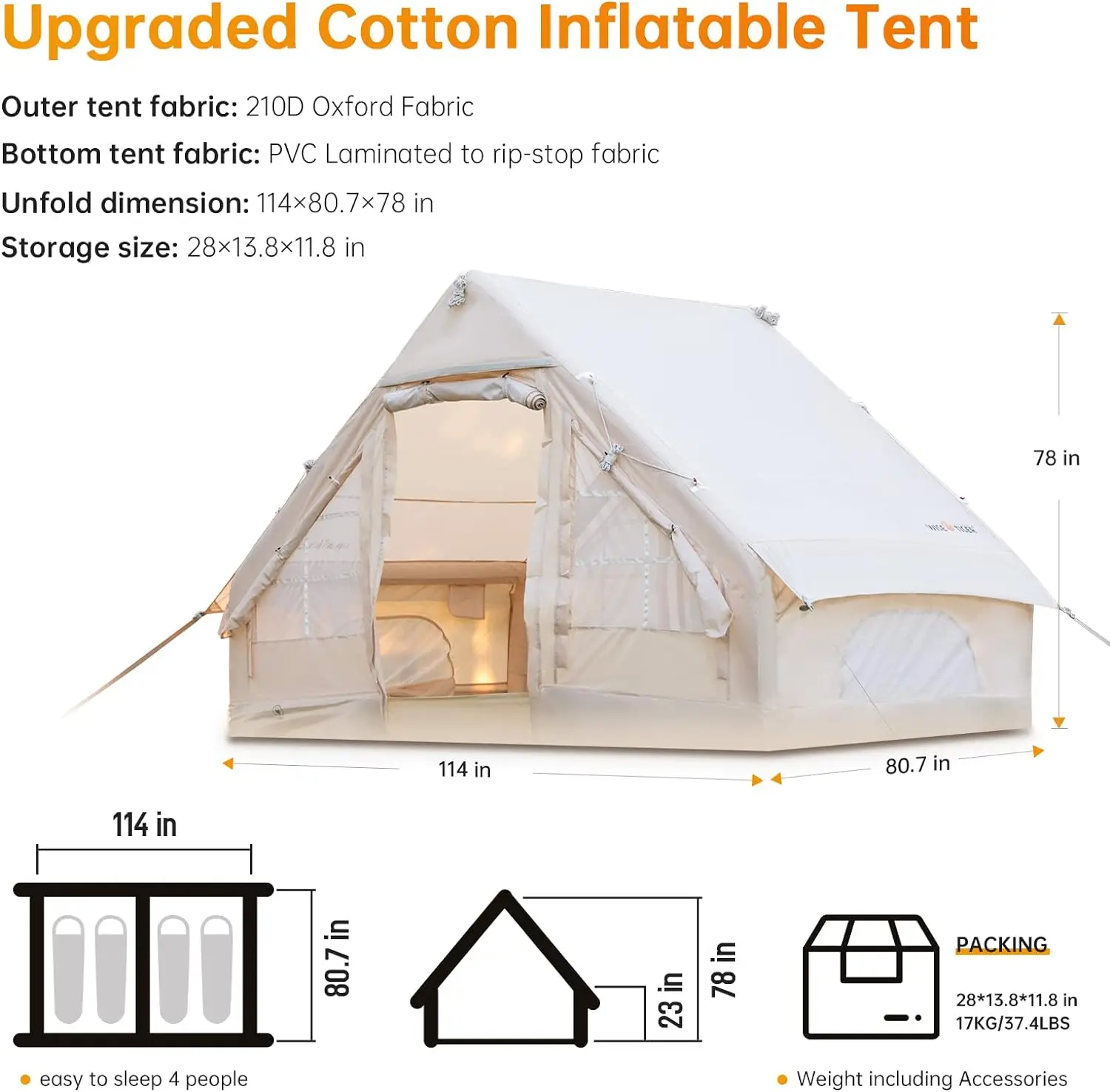 Inflatable 4 Season Waterproof Windproof Glamping Tent Luxury Cabin Mesh Windows Doors Easy Setup Outdoor Blow Camping Tent Pump