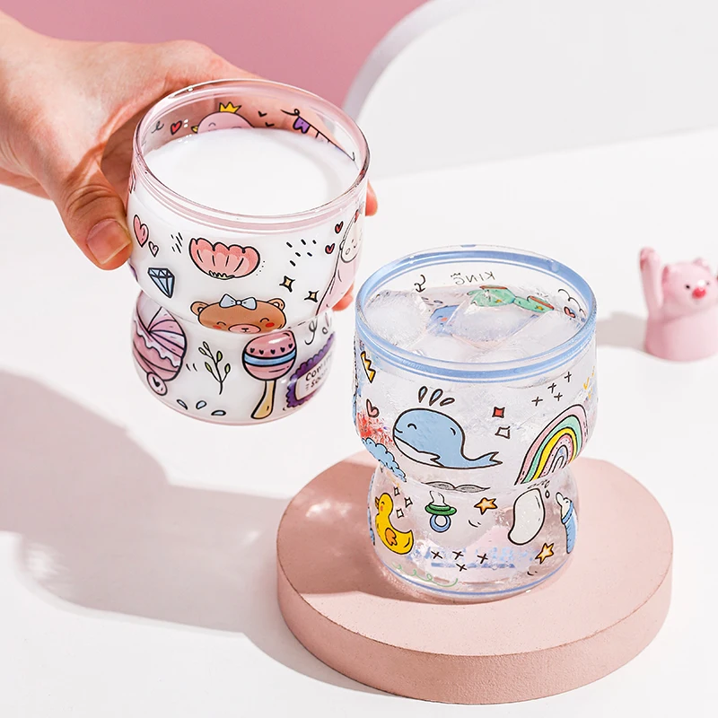 Glass mug gift box set clear borosilicate glass single wall drinking mug cute pattern cartoon mug