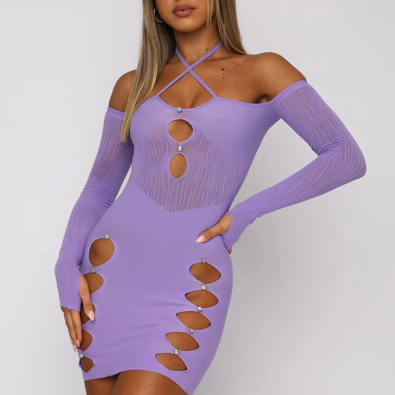 Trendy Midi Dress Halter Long Sleeve Slim See Through Hollow Out Bodycon Solid Color Evening Dresses Ladies