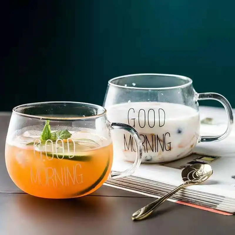 Good Morning Transparent Glass Cup Heat-resistant Coffee Milk Juice Tea Breakfast Mug Handle Couple Tasse