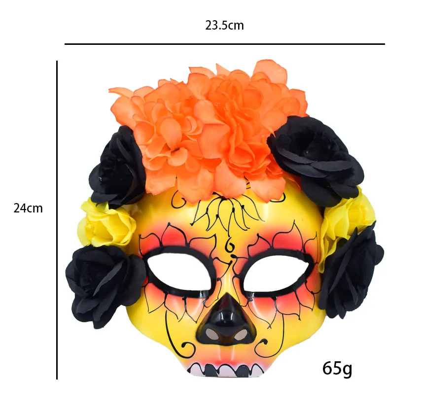 New Horror Half Face Mask Halloween Anonymous Masquerade Yellow And Black Flower Costume Props For Day Of The Dead