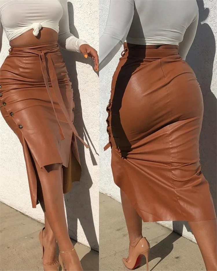 LFQ-678 2021 Womens Clothes Plus Size Skirts Women Long Ladies Fashion Wholesale Long Leather Skirts For Women