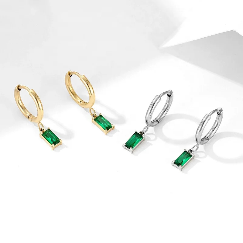 18k Gold Plated Stainless Steel CZ Jewelry Cubic Zirconia Rectangle Pendant Hoop Huggie Earrings for Women