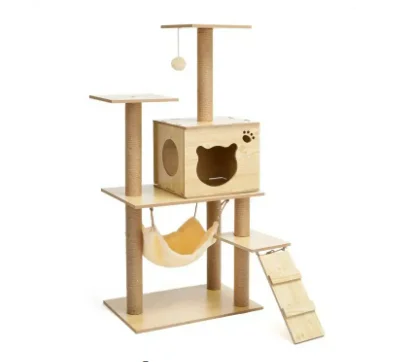Tall and small floor space cat condo with scratch pillars and rest plate