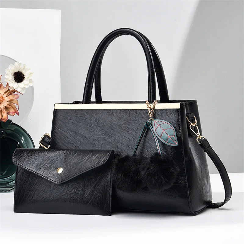 Hot Sale Vintage 2 Pieces  Tote Bags Set  Large Capacity with Fur Ball Hanging Ornaments Handbags for Lady