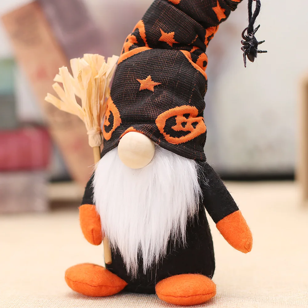 New Pumpkin Spider Print Faceless Dolls Couple Gnome Holding Broom And Sign For Happy Halloween Decorations Standing Plush Dwarf