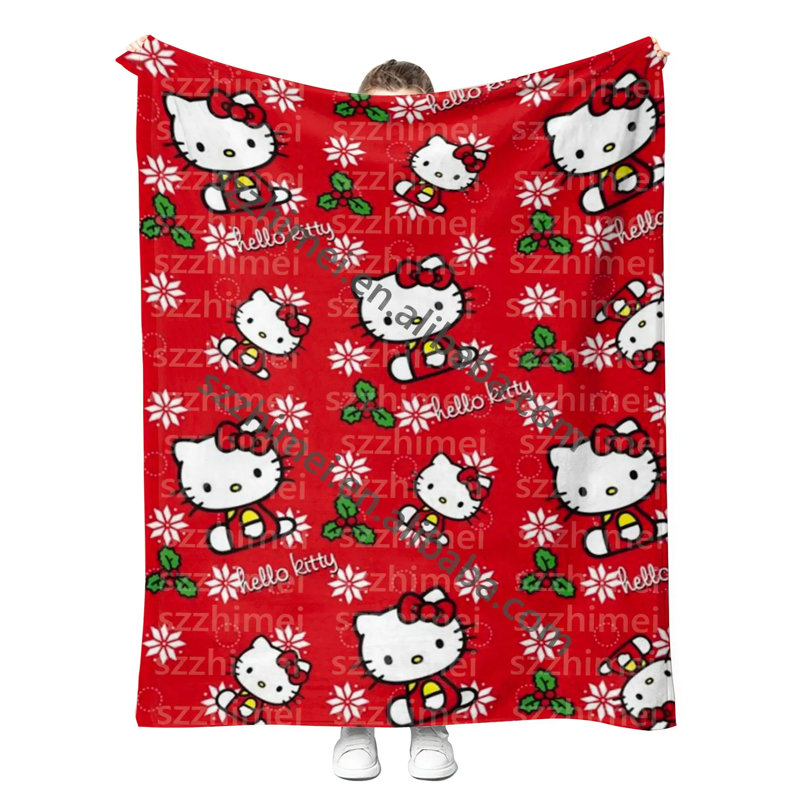 2024 Newest Hot Sale Cute Kitty Red Cartoon Christmas Halloween Blanket Customized Print Sherpa Fleece Throw Blankets