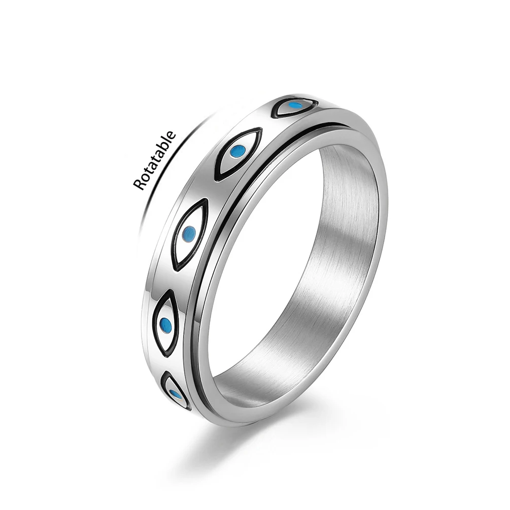 BINSHUO Decompression Spin Ring Stainless Steel Jewelry Rose Gold Enamel Horus Evil Blue Eye Anti Anxiety Rotating Ring For Men
