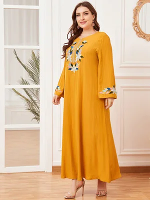 2021 women embroidered dress yellow printed muslim dress
