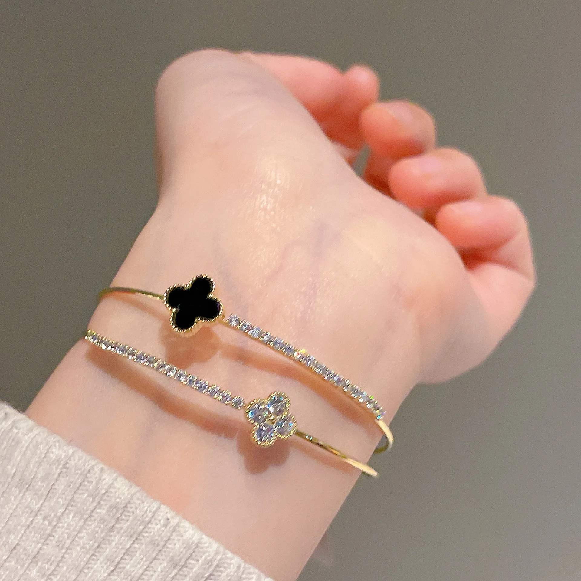 New Exquisite Fine Jewelry Bracelets Bangles 14k Gold Double Layer Clover Bracelet Elegant Zirconia Flower Lucky Charm Bracelet