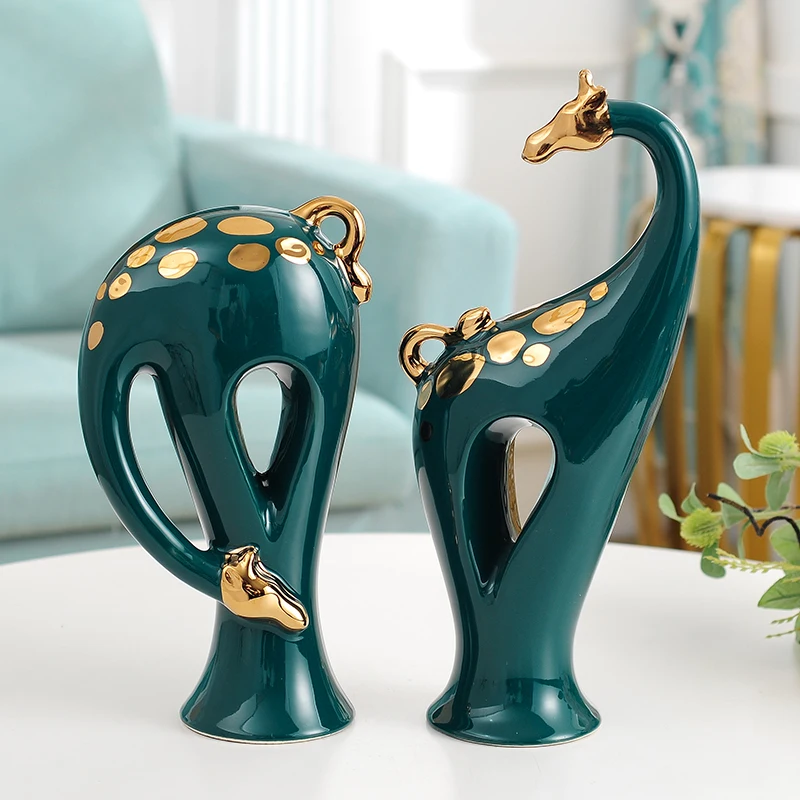 Plated Gold Green Nordic Luxury giraffe couples  Porcelain Ornaments Home Deco Creative ceramic unique  shape art decoration