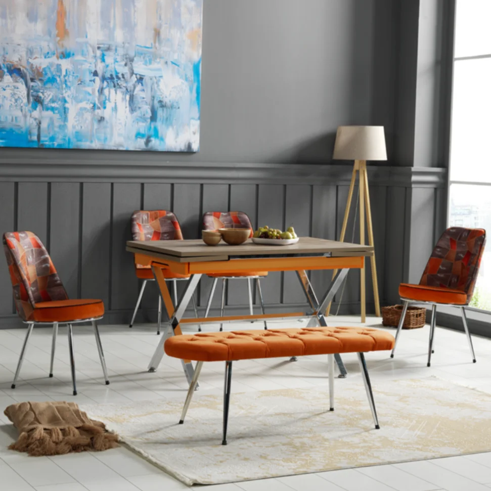 
Новый дизайн оранжевый цветной обеденный стол крест никелевые ножки современный дизайн 