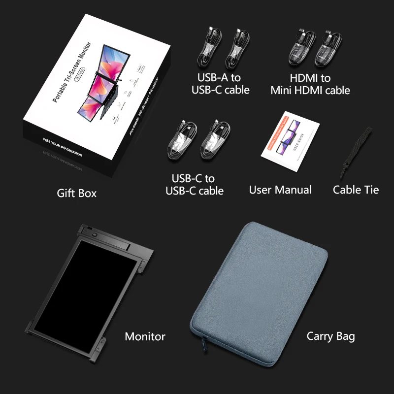 Full HD triple Monitor 13.3 inch Portable Monitor with  USB Type-C for Laptop