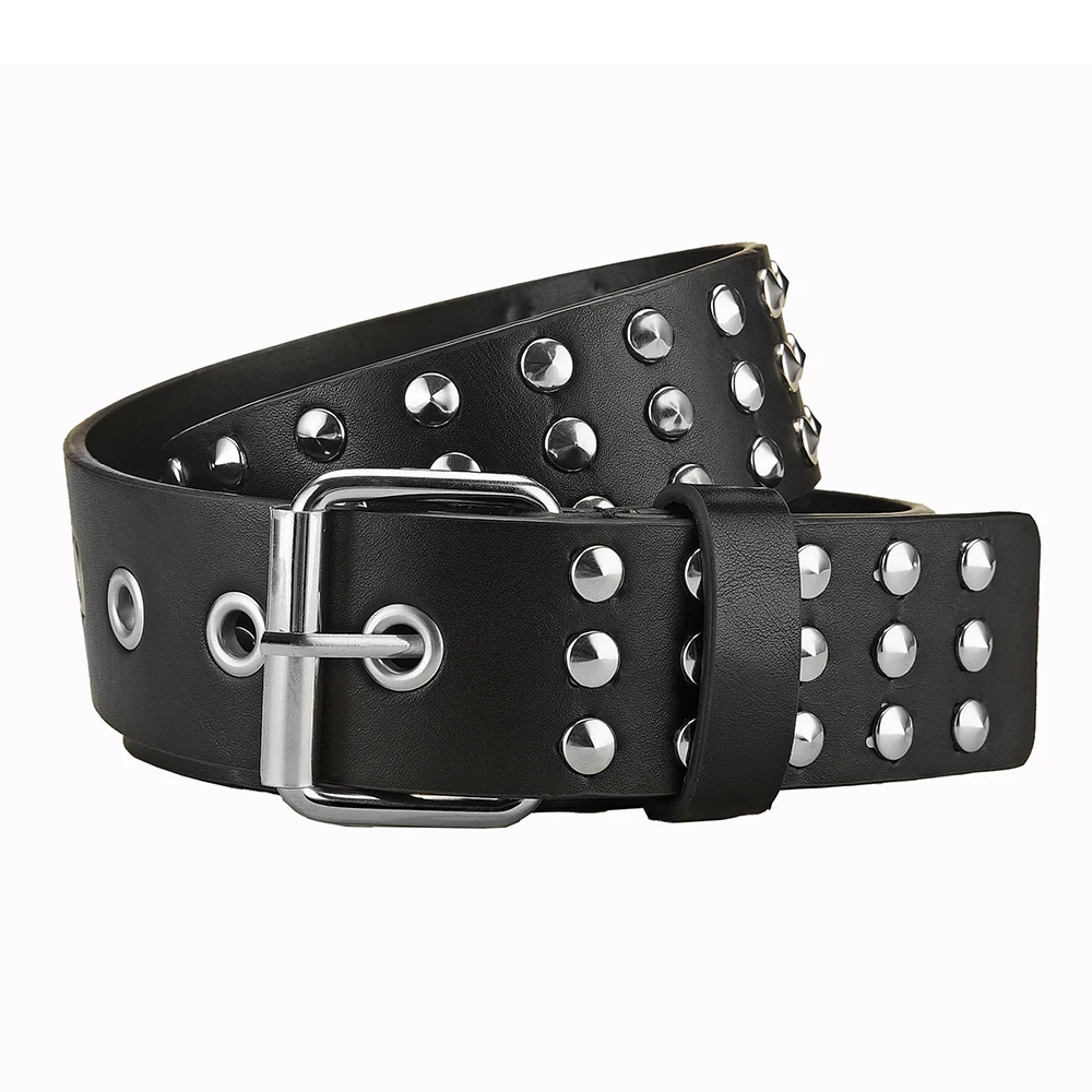 Europe Style Punk Leather Studded Three Lines Round Beads Rivet Belts PU Leather Pin Buckle Belt For Jeans
