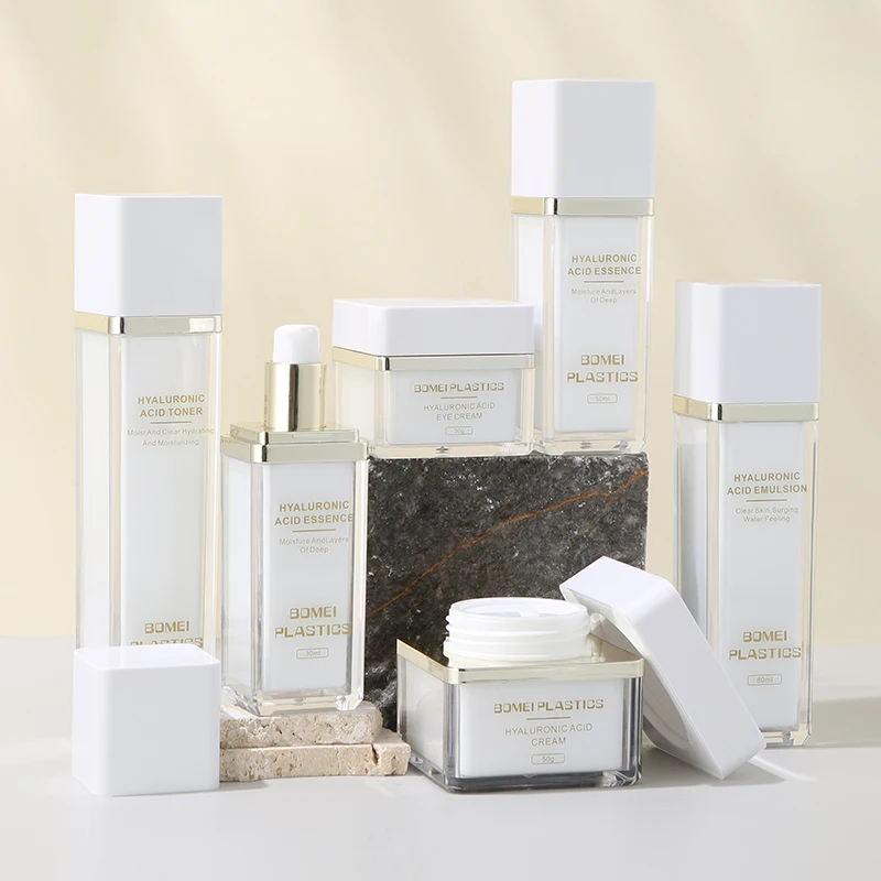 Eco Friendly Gold Luxury Acrylic White Square Cosmetic Packaging 30ml 50ml Lotion Pump Bottle And 30g 50g Cream Jar/container