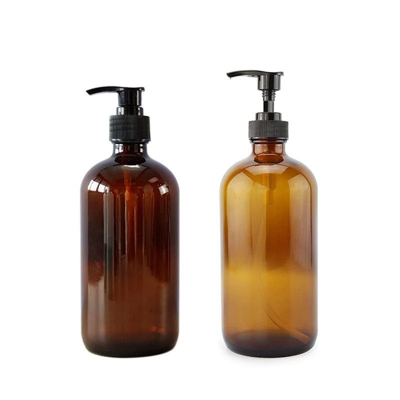 Topsale 250ml 500ml 8oz 16oz Amber Brown Airless Boston Round Lotion Shampoo Glass Bottle Hand Wash Bath Lotion Soap Pump Bottle
