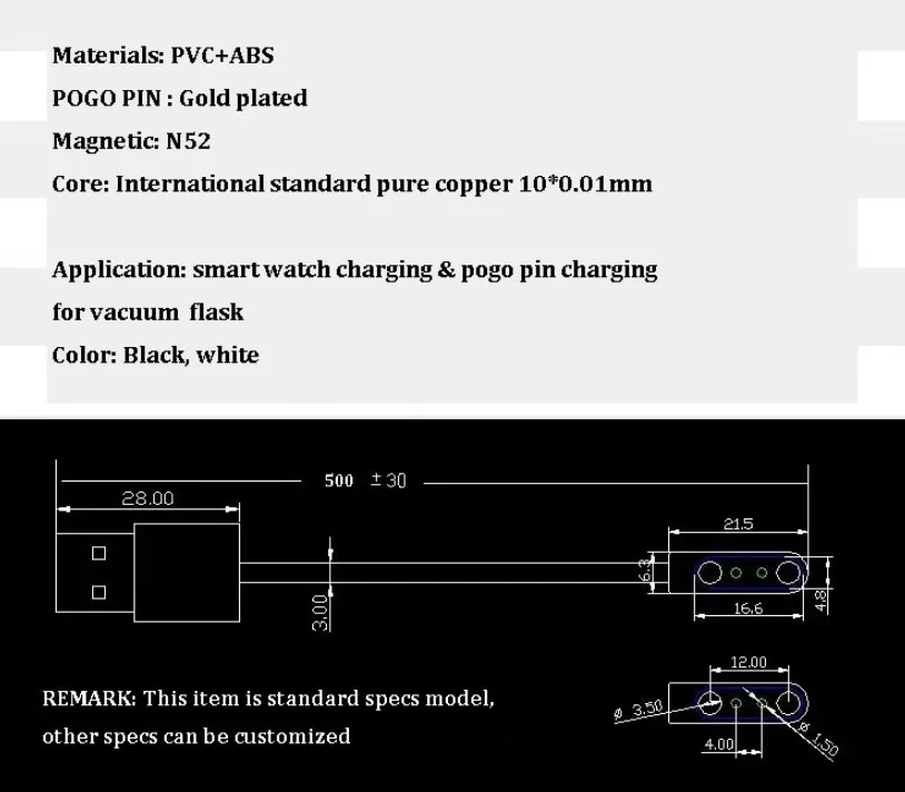 Hot selling 60cm USB magnetic pogo pin charger 4.0mm 2pin USB Charging Cable Cord for Smart Watch