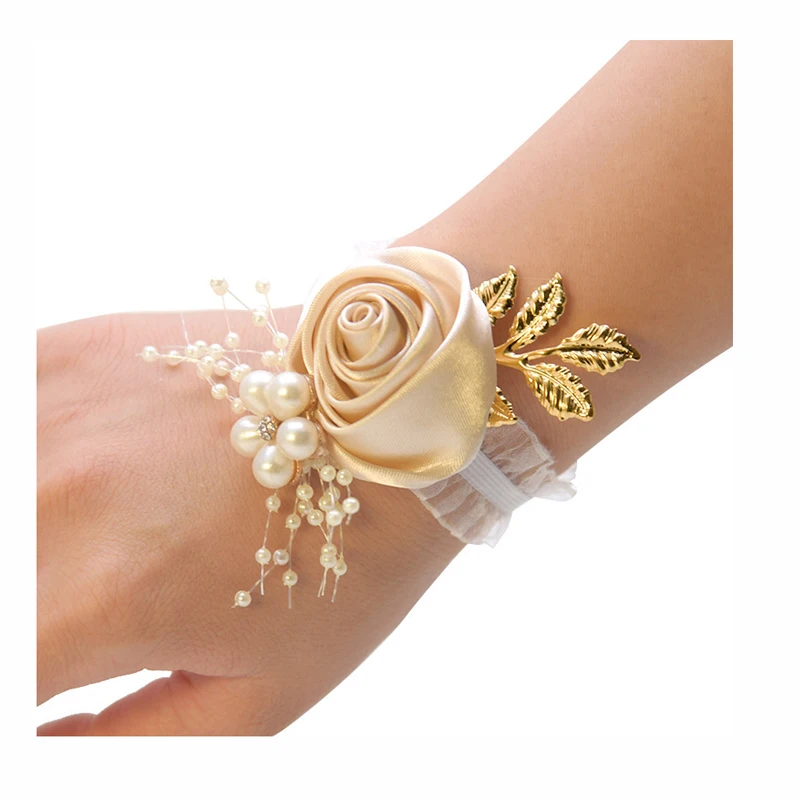 KS-102 Wedding Bridal Bridesmaid Silk Wrist Flower Corsage with Faux Pearl Bead Stretch Bracelet Wristband Gold Leaf