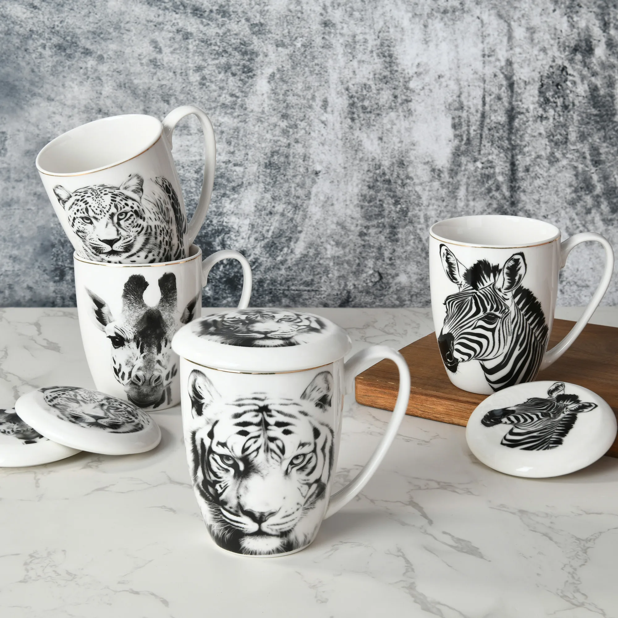 7.5' Black and White Animal Zebra Giraffes Porcelain Tableware Dishes Coffee Tea Cup and Saucer Sets Ceramic Dinner Plate Set