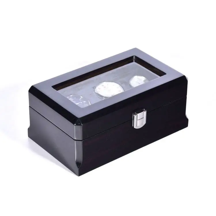 High End Black 3 Slots Display Wooden Watch Packaging Storage Box With Clear Window wood packing box
