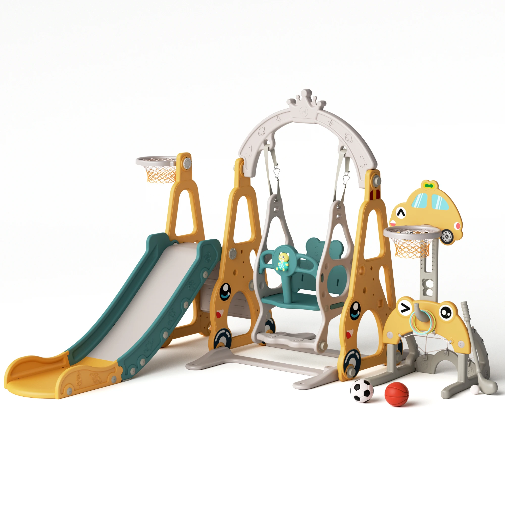 Panic Buying Children Indoor Slide Swing Set Kids Home Playground Plastic Baby Play 7 In 1Toys Basketball Hoop And Foot Pedal