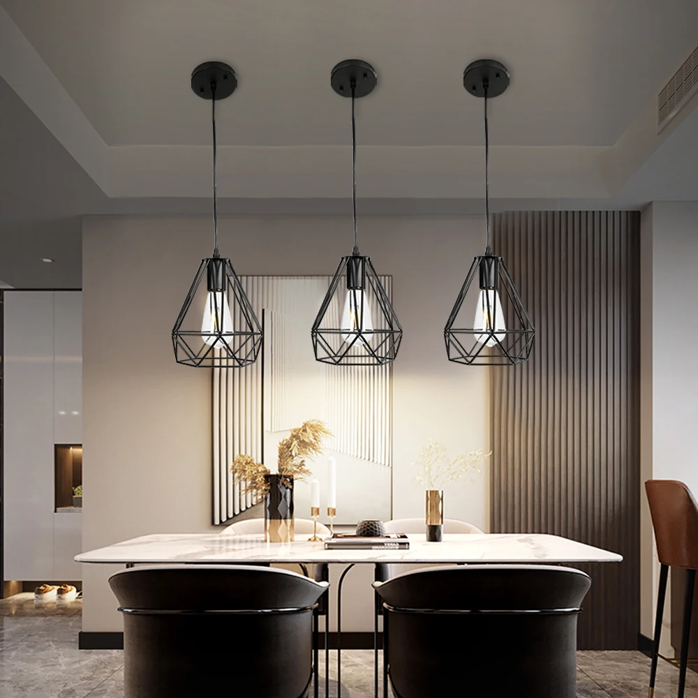Small Modern Minimalist Restaurant Pendant Lighting Pendant Light Fixture with Metal Cage Shade 1-light 60W Black US & Canada 80