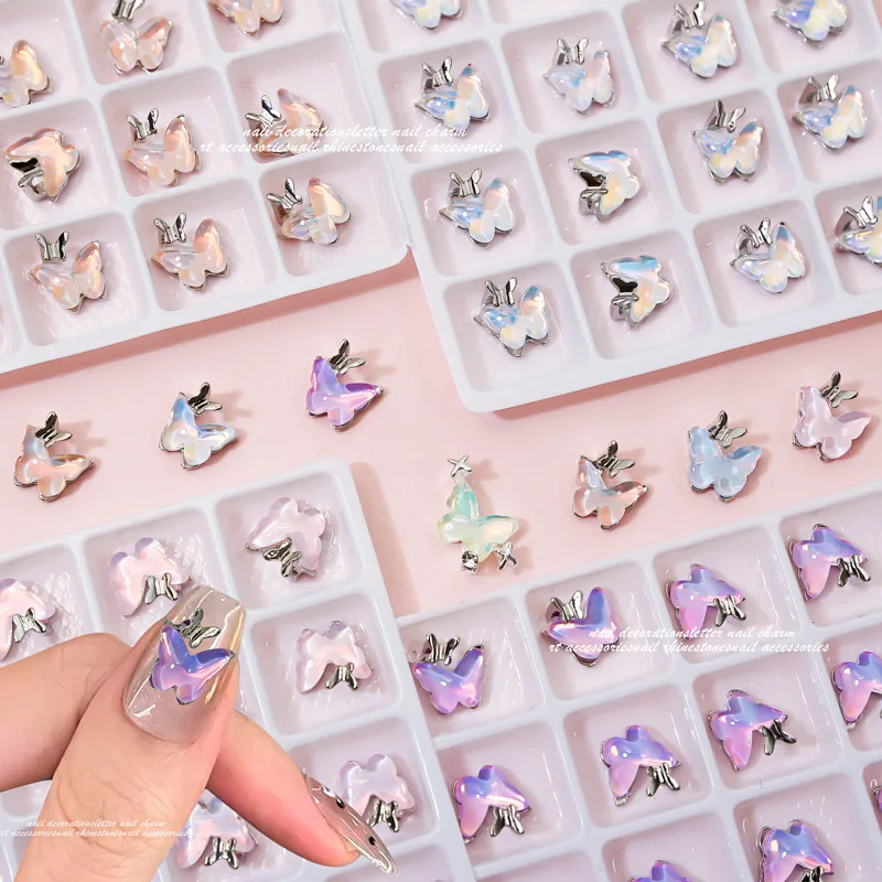 French butterfly nail art alloy accessories with colorful aurora and a cool niche exquisite feel for butterfly nail decorations