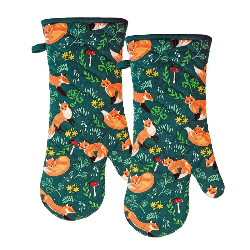 Пара мультяшных рисунков лисы милые стильные кухонные анти-ожоговые хлопковые темно-зеленые перчатки для духовки аксессуары барбекю мягкие