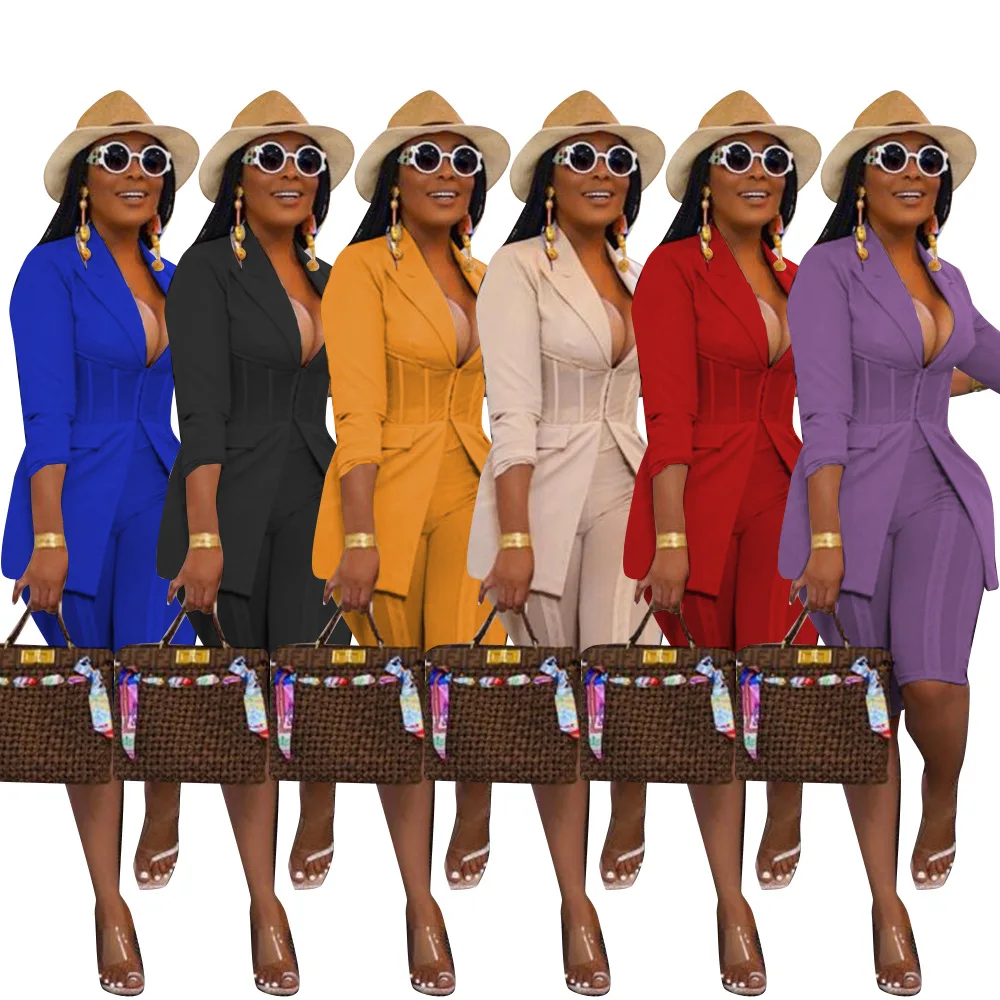 winter wholesale women office suit sets corsets long sleeves turn neck suits blazers midi shorts pantalones de mujer ladies sets