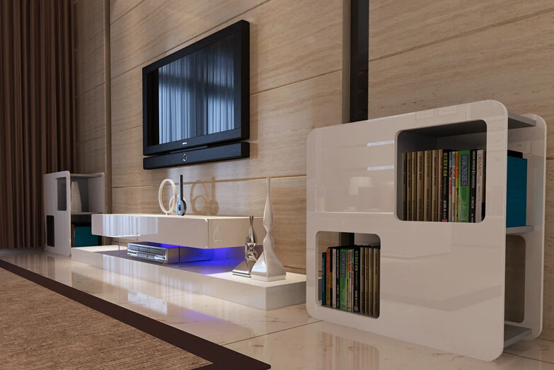 Modern Luxury High Gloss White Wholesale Blue Led Light Wooden Tempered Glass Tv Stand With Showcase