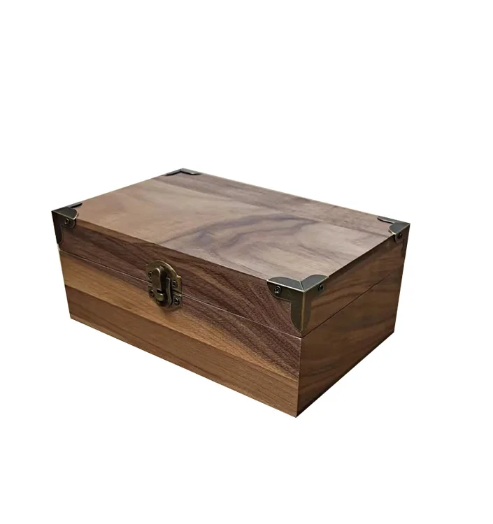 Luxury Black Walnut Wood Gift Box for Crafts Small deluxe Square Keepsake Box Wooden Treasure Box with Lock and wrap angles