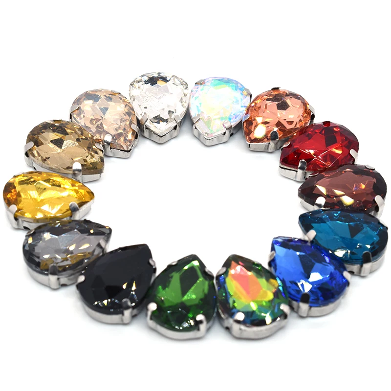 Colorful Teardrop Glass Crystal Sew on Rhinestones with golden Claw Sew On Gemstones for Clothing Accessories
