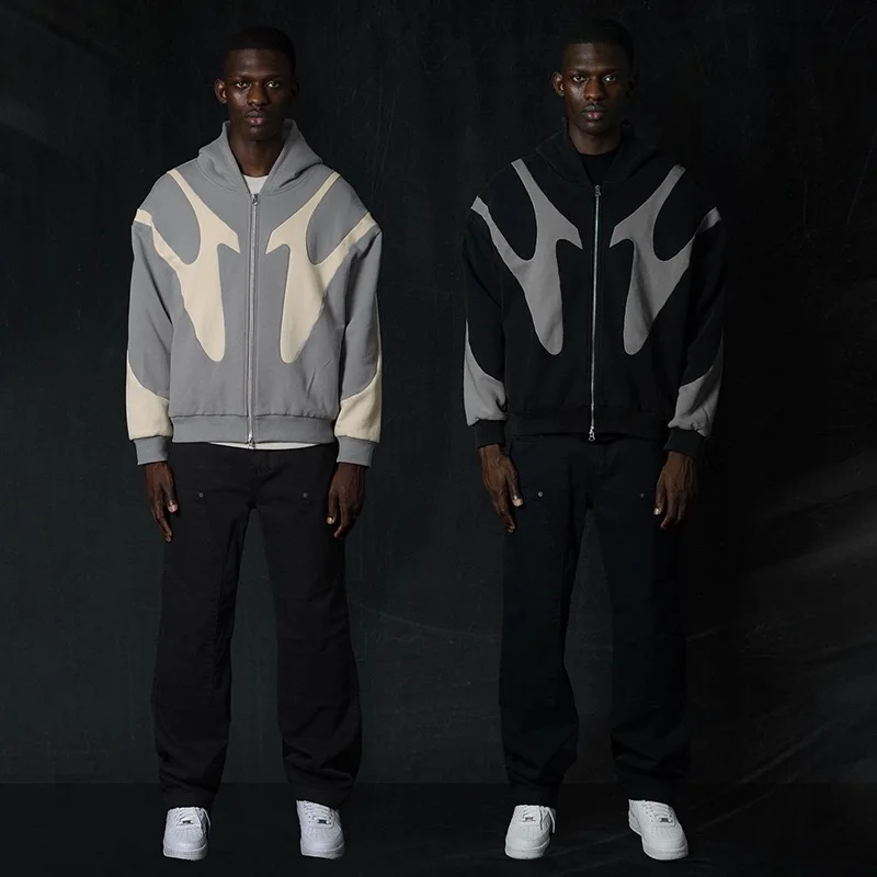 Custom Fashion Pullover&Zip Up Sweatshirts Heavy Cotton No String Heavyweight Oversized Half Zip Patchwork Streetwear Hoodie Men