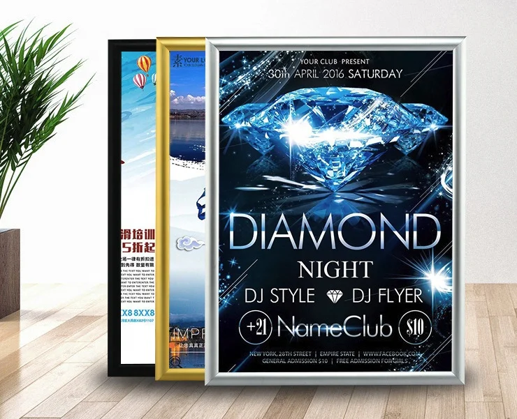 Оптовая продажа, черная, золотая, серебряная алюминиевая металлическая рамка для рекламы