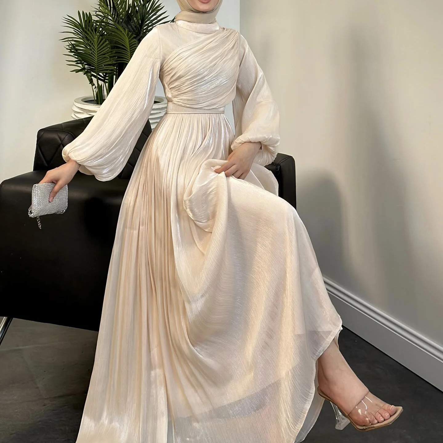 Organza Abayas Dresses Dubai Turkey  Evening Party Dresses Modest Abaya For Muslim Women Fasten Sleeves