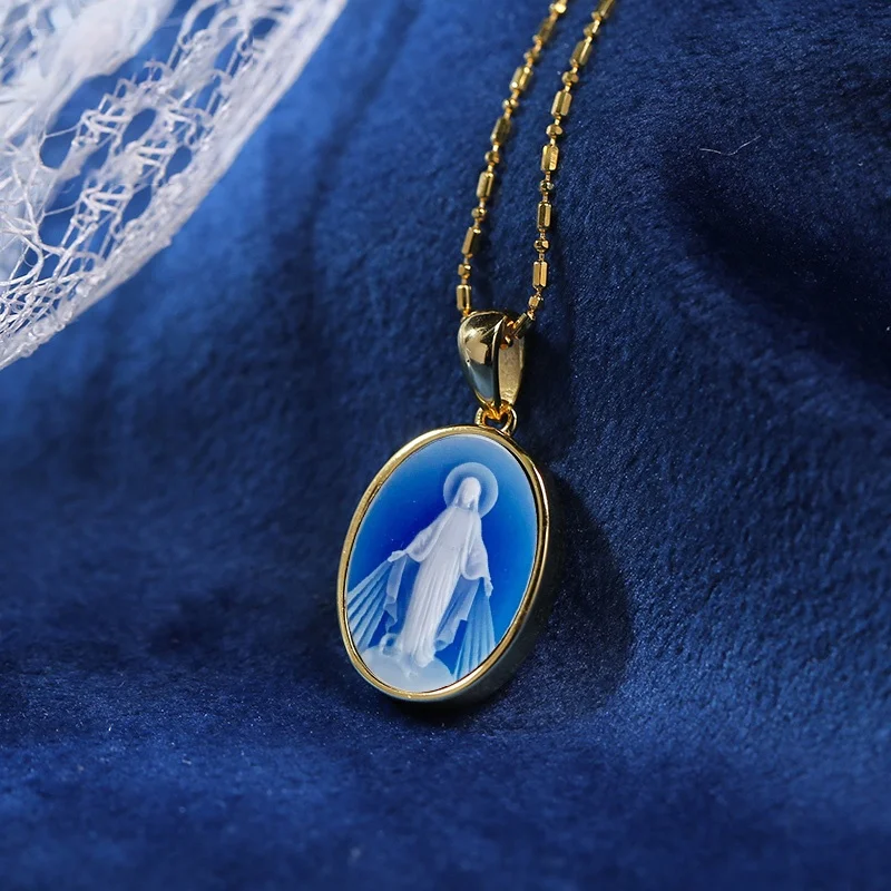 Customized Catholic Virgin Mary Amulet Jewelry Agate Cameo De Guadalupe Miraculous Medal Sterling Silver Religious Pendant
