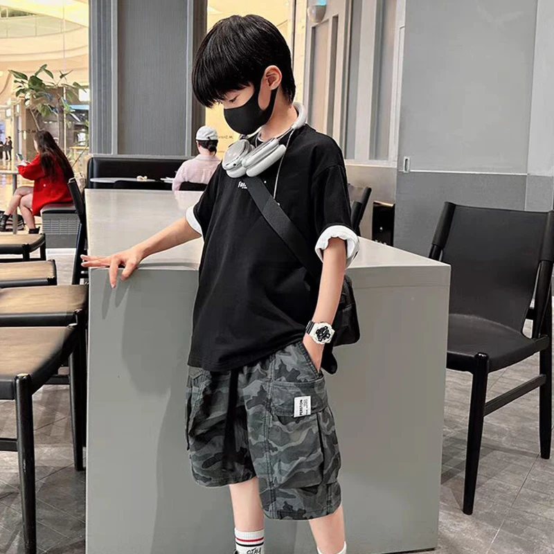 New Cargo Streetwear Shorts Kids Casual Style Multi Pockets Outdoor Shorts Camouflage Drawstring Knitted Shorts For Boy