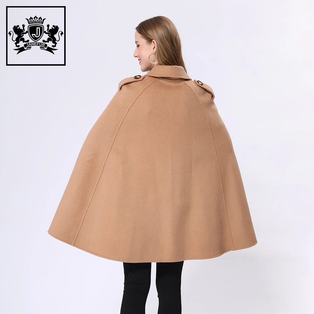 Janefur Fashion autumn winter free size wool coat fox fur pockets poncho soft cashmere wool shawl with fur for women