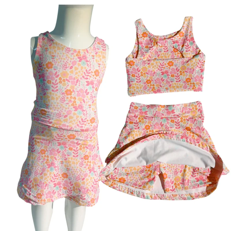 2024 Little Baby Girl Yoga Sets Summer Short Skirt Seamless Solid Color Elastic Nylon Kids Girls Sports Tennis Skirt 2 Piece Set