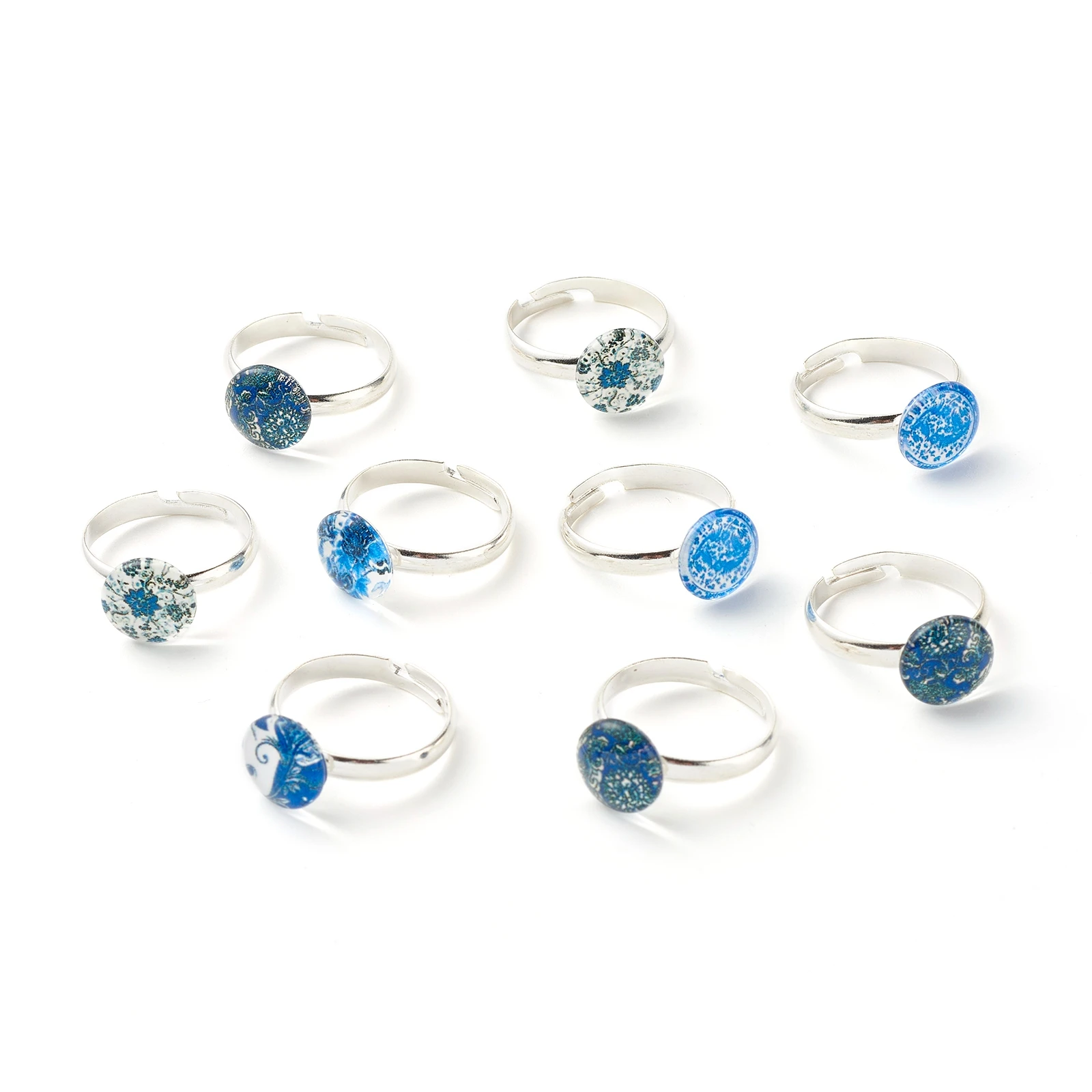 PandaHall Platinum Mixed Flower Pattern Flat Round Glass Adjustable Ring